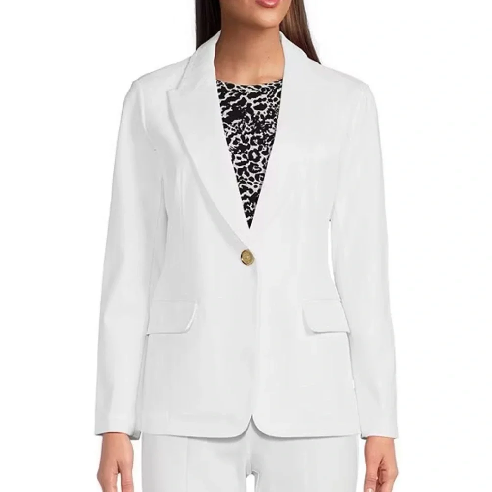 MICHAEL Kors White Ponte Knit Notch Lapel Long Sleeve Button Front Blazer - Picture 6 of 12